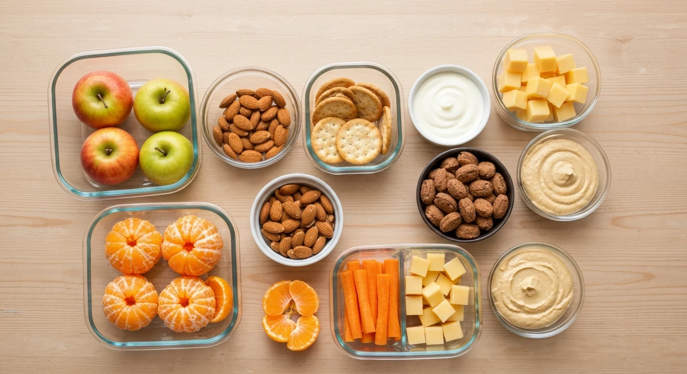 Plan de meriendas sin gluten en recipientes individuales: manzanas, mandarinas, almendras, galletas, yogurt, queso, hummus y vegetales — Sin Gluten Paraguay